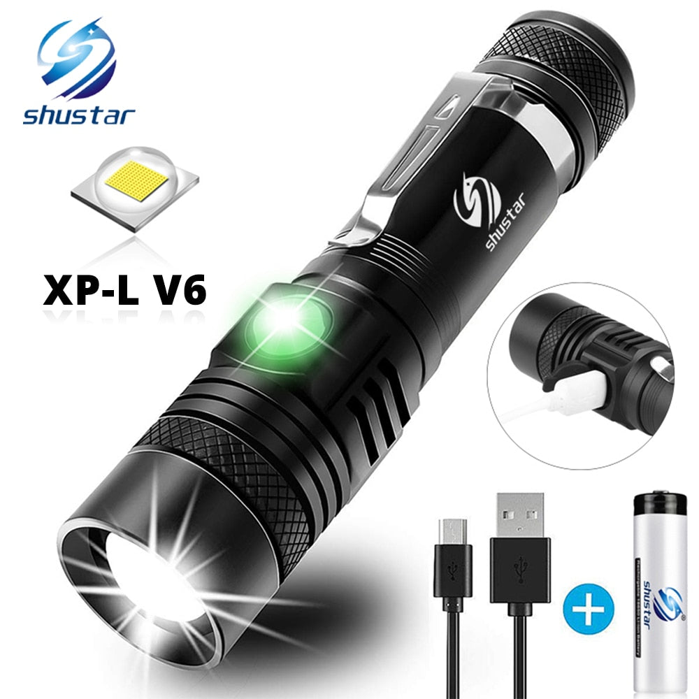 Ultra Bright LED Flashlight With XP-L V6 LED lamp beads Waterproof Torch Zoomable 4 lighting modes Multi-function USB charging - Matthew Petersen